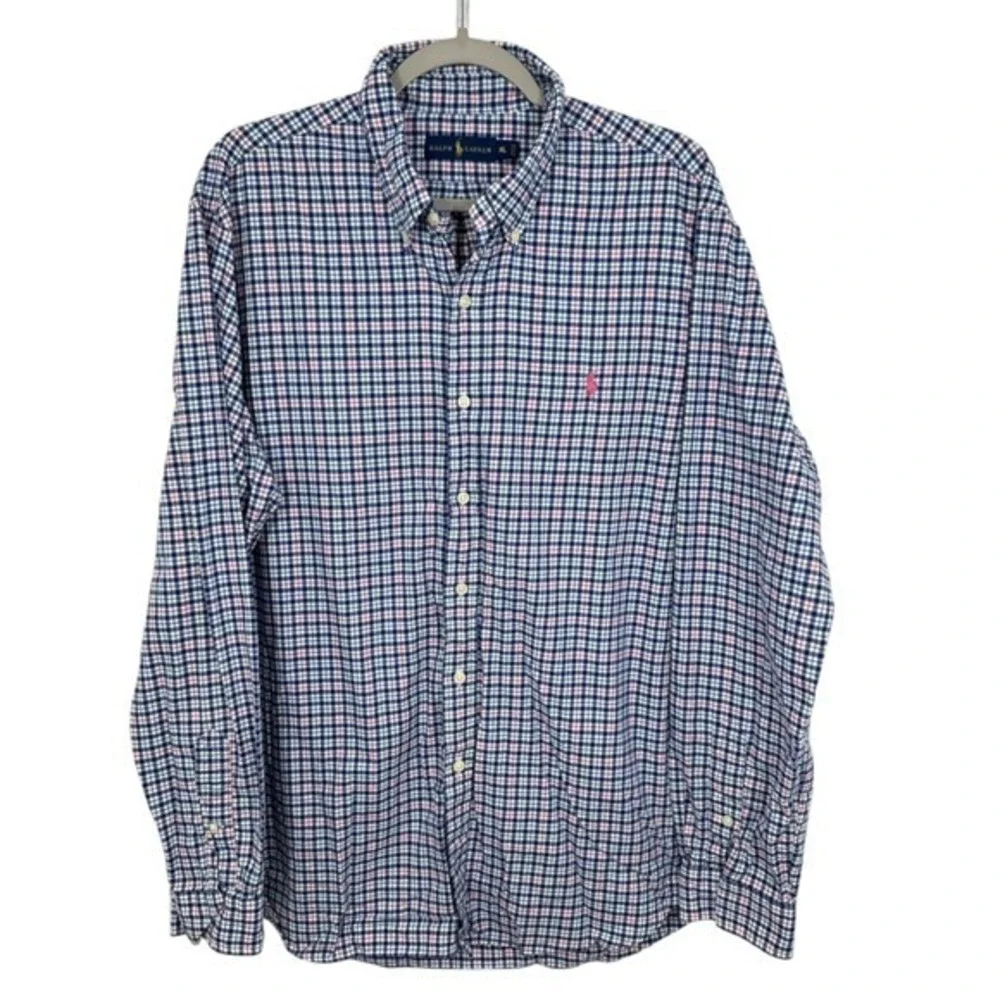 Polo Ralph Lauren Men's XL Blue Pink‎ Gingham Button Down Shirt Preppy Career